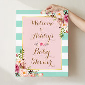 Baby shower Roze Floral Mint Green Stripes Poster