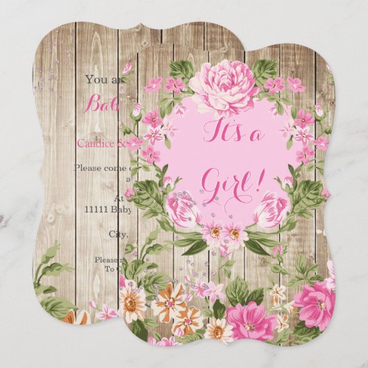 Baby shower Roze Floral Rustic Wood Girl Kaart (Voorkant / Achterkant)