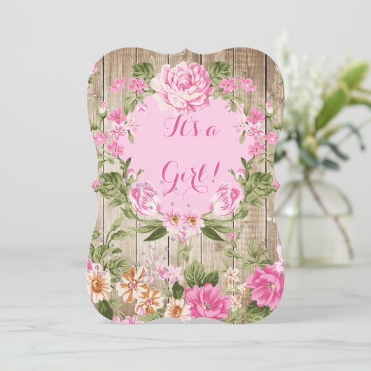 Baby shower Roze Floral Rustic Wood Girl Kaart (Staand voorkant)