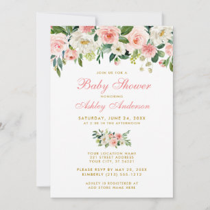 Baby shower Roze Floral White Gold Invite GP Kaart