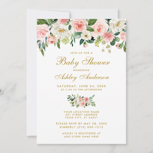 Baby shower Roze Floral White Gold Invite Kaart (Voorkant)