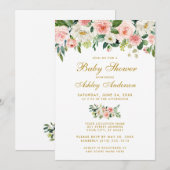 Baby shower Roze Floral White Gold Invite Kaart (Voorkant / Achterkant)