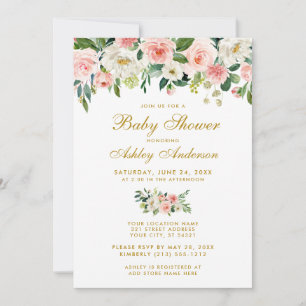 Baby shower Roze Floral White Gold Invite Kaart