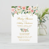 Baby shower Roze Floral White Gold Invite P Kaart (Staand voorkant)