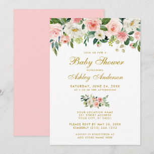 Baby shower Roze Floral White Gold Invite P Kaart