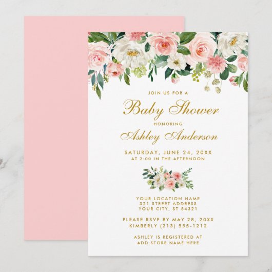 Baby shower Roze Floral White Gold Invite P Kaart (Voorkant / Achterkant)