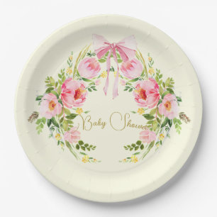 Baby shower Roze Geel Bloemen Crest Regency Bow Papieren Bordje