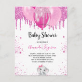 Baby Shower roze glitter ballon olifant meisje Uitnodiging Briefkaart (Voorkant)