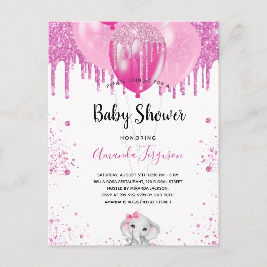 Baby Shower roze glitter ballon olifant meisje Uitnodiging Briefkaart (Voorkant)