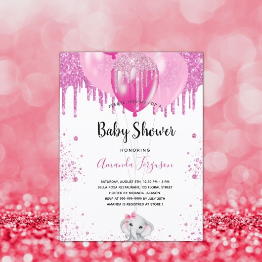 Baby Shower roze glitter ballon olifant meisje Uitnodiging Briefkaart