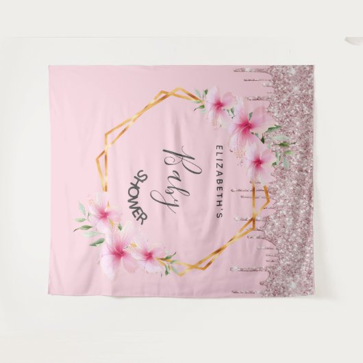 Baby Shower roze glitter bloemen meisje geometrisc Wandkleed (Voorkant (horizontaal))