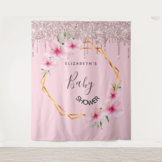 Baby Shower roze glitter bloemen meisje geometrisc Wandkleed (Voorkant)