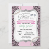Baby Shower Roze Glitter Boog Tweeling Meisjes Uit Kaart (Voorkant)