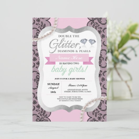 Baby Shower Roze Glitter Boog Tweeling Meisjes Uit Kaart (Staand voorkant)