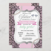 Baby Shower Roze Glitter Boog Tweeling Meisjes Uit Kaart (Voorkant / Achterkant)