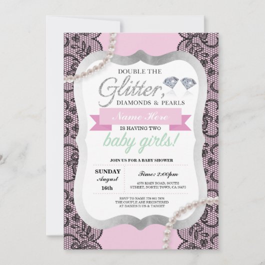 baby shower Roze Glitter Bow Twins Girls nodigt ui Kaart (Voorkant)