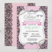 baby shower Roze Glitter Bow Twins Girls nodigt ui Kaart (Voorkant / Achterkant)