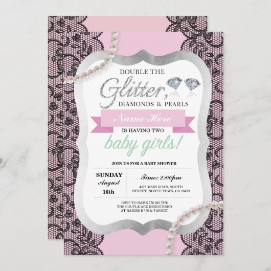 baby shower Roze Glitter Bow Twins Girls nodigt ui Kaart (Voorkant / Achterkant)
