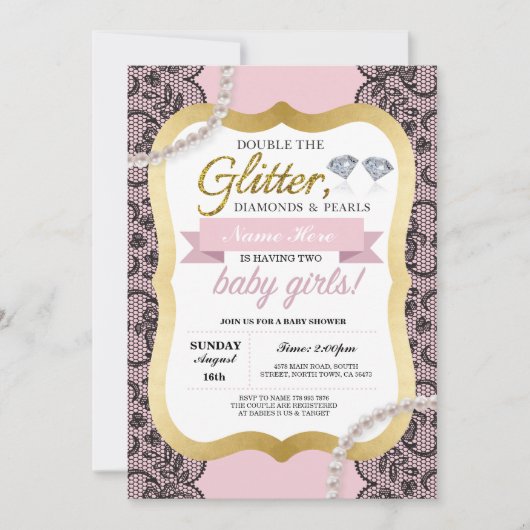 baby shower Roze Glitter Bow Twins Girls nodigt ui Kaart (Voorkant)