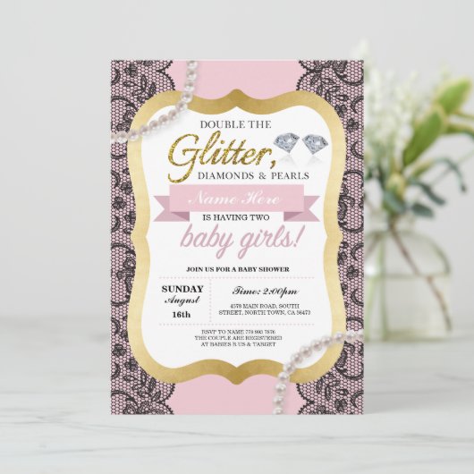 baby shower Roze Glitter Bow Twins Girls nodigt ui Kaart (Staand voorkant)