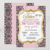 baby shower Roze Glitter Bow Twins Girls nodigt ui Kaart (Voorkant / Achterkant)