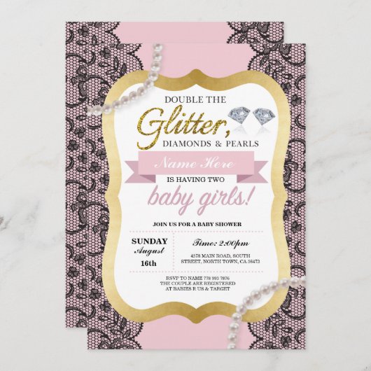 baby shower Roze Glitter Bow Twins Girls nodigt ui Kaart (Voorkant / Achterkant)