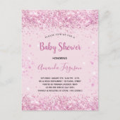 Baby shower roze glitter girl script aankondigingskaart (Voorkant)