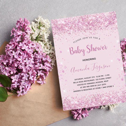 Baby shower roze glitter girl script kaart