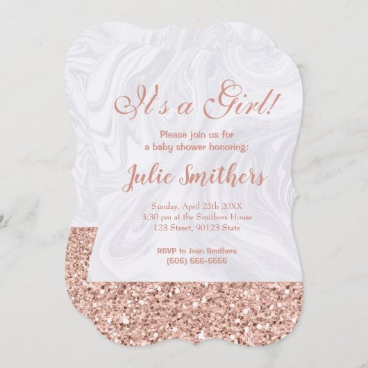 baby shower Roze Glitter White Marble Elegant Kaart (Voorkant / Achterkant)