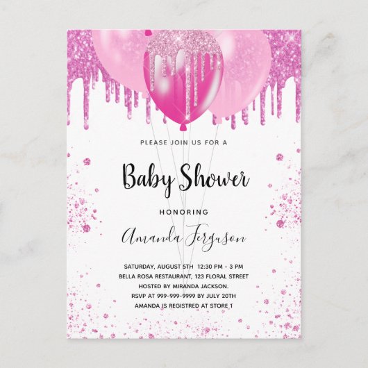 Baby shower roze glitterdamesballonnen uitnodiging briefkaart (Voorkant)