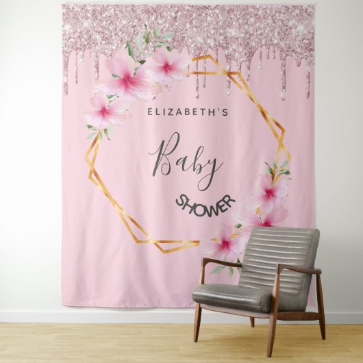 Baby Shower roze glitters bloemen meisje geometris Wandkleed (In situ)