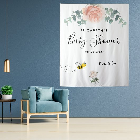 Baby Shower roze goud roze witte bloemen aanstaand Wandkleed