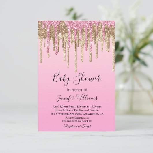 baby shower roze gouddruppelaar uitnodiging (Staand voorkant)