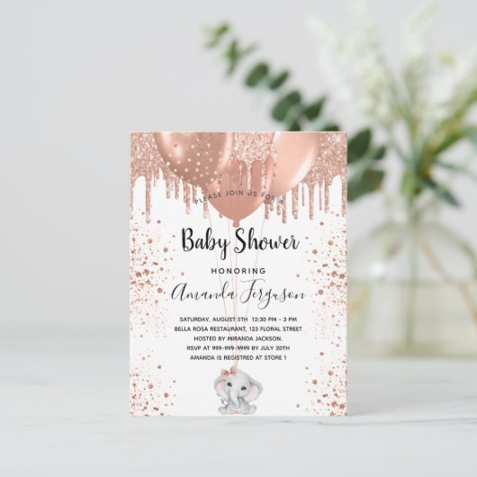 Baby Shower roze gouden glinsterende olifant ballo Uitnodiging Briefkaart (Staand voorkant)