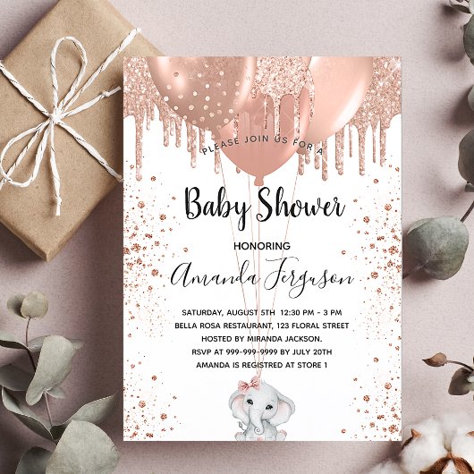 Baby Shower roze gouden glinsterende olifant ballo Uitnodiging Briefkaart
