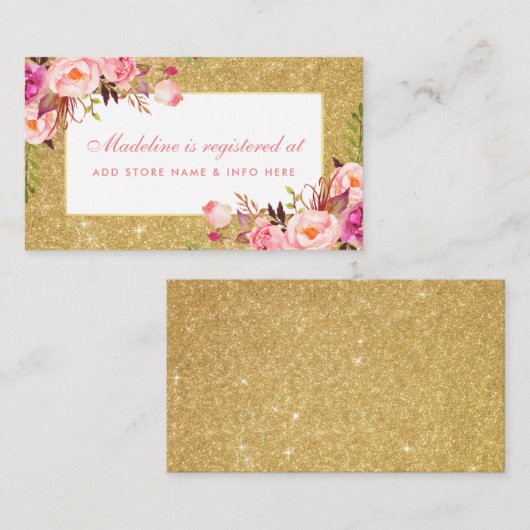Baby shower Roze Gouden Glitter Registry Insert Informatiekaartje (Voorkant / Achterkant)