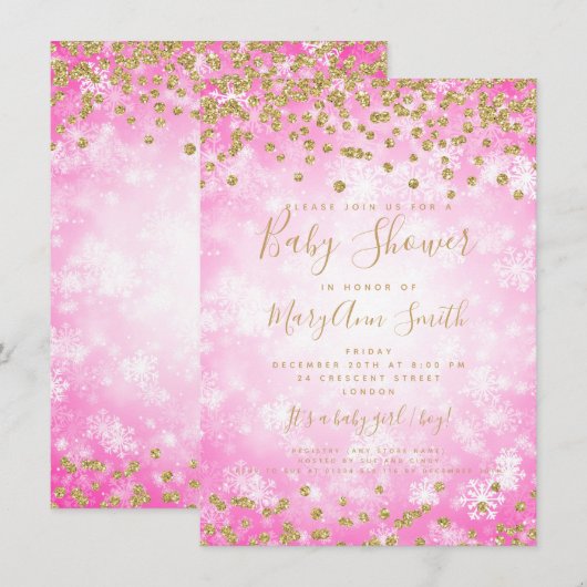 Baby shower Roze Gouden Glitter Winter Wonderland Kaart (Voorkant / Achterkant)