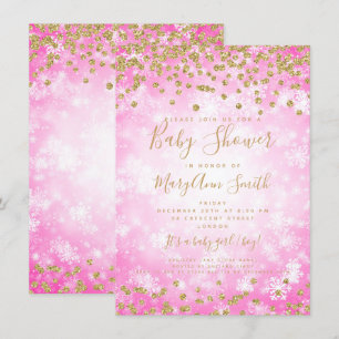 Baby shower Roze Gouden Glitter Winter Wonderland Kaart
