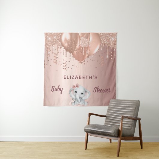 Baby Shower roze gouden olifant meisje ballonnen Wandkleed (In situ)