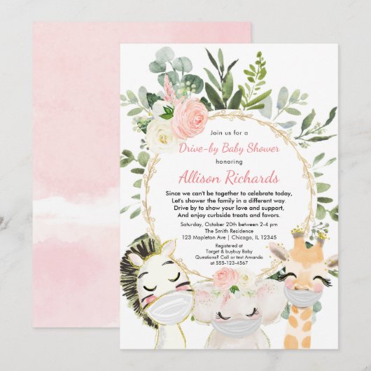 Baby shower roze gouden schattige dieren kaart (Voorkant / Achterkant)