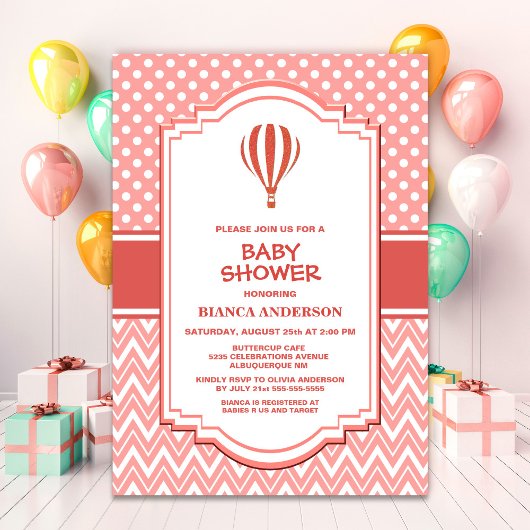 Baby shower Roze Hete Luchtballon Kaart