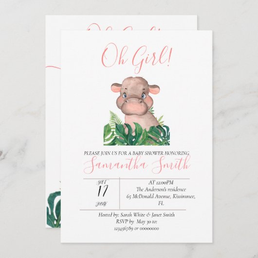 Baby shower Roze Hippo Oerwoud Waterverf Kaart (Voorkant / Achterkant)