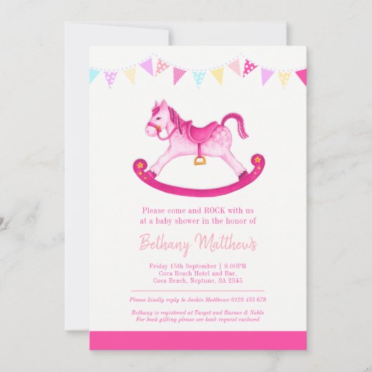 Baby shower roze hobby paard kontings uitnodiginge kaart (Voorkant)