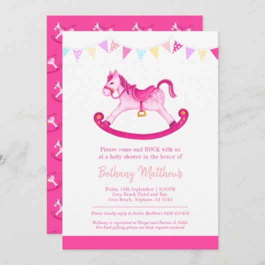 Baby shower roze hobby paard kontings uitnodiginge kaart (Voorkant / Achterkant)