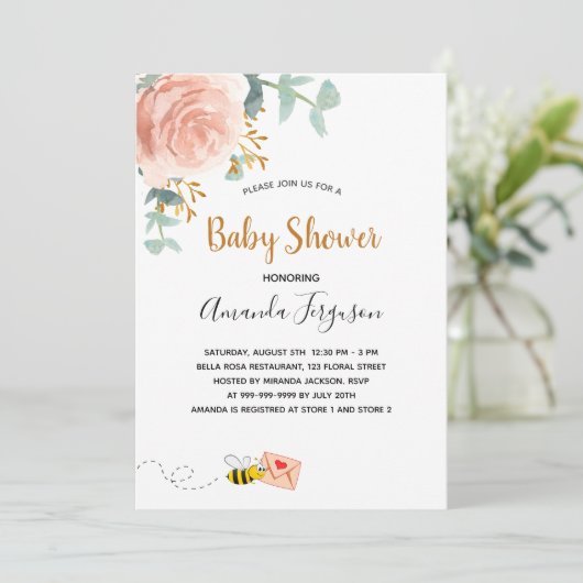 Baby shower roze hommel bijen griesmeisje kaart (Staand voorkant)