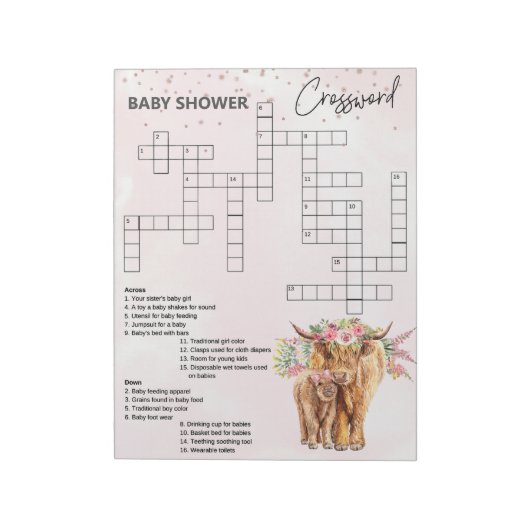 Baby shower Roze hoogland koe Game Crossword Notitieblok (Linkerzijde)