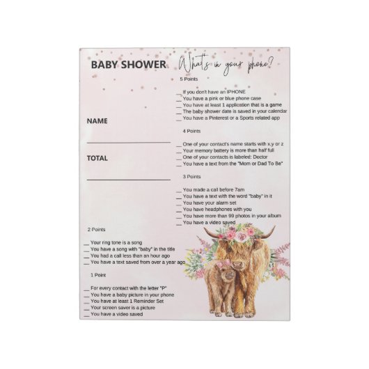 Baby shower roze hoogland Koe game Wat is er telef Notitieblok (Linkerzijde)