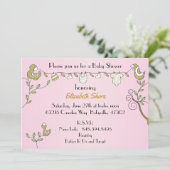 Baby shower Roze Invitation "Gold Birds" Kaart (Staand voorkant)