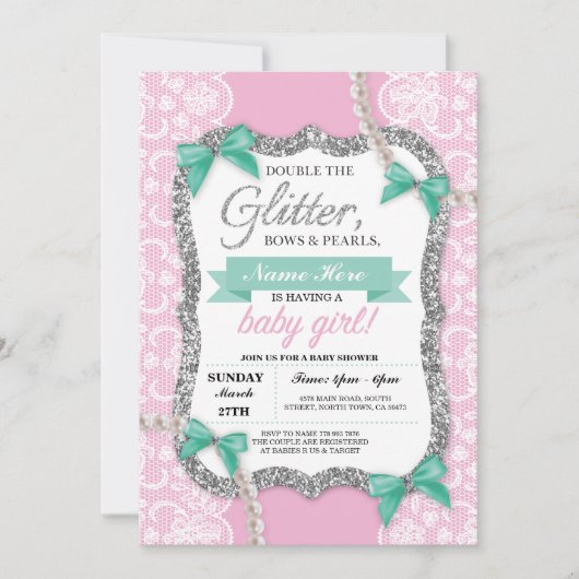 baby shower Roze kant Glitter Bow Girl Mam Invite Kaart (Voorkant)