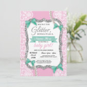 baby shower Roze kant Glitter Bow Girl Mam Invite Kaart (Staand voorkant)